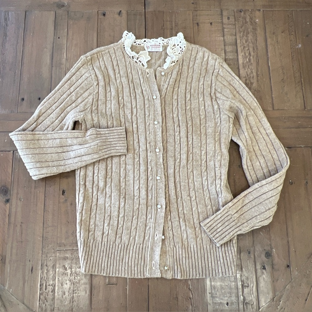 Bedloch Popper Vintage cable Knit Lace Cardigan Sweater Medium Grandma Cottage